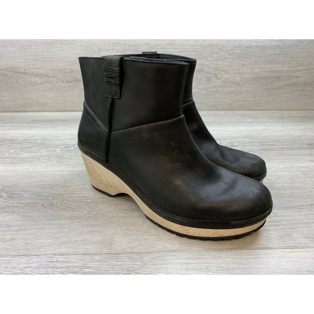 Merrell Juno Mid Black Leather Clog Boots Wedge Ankle Booties Women's 9 Shoes